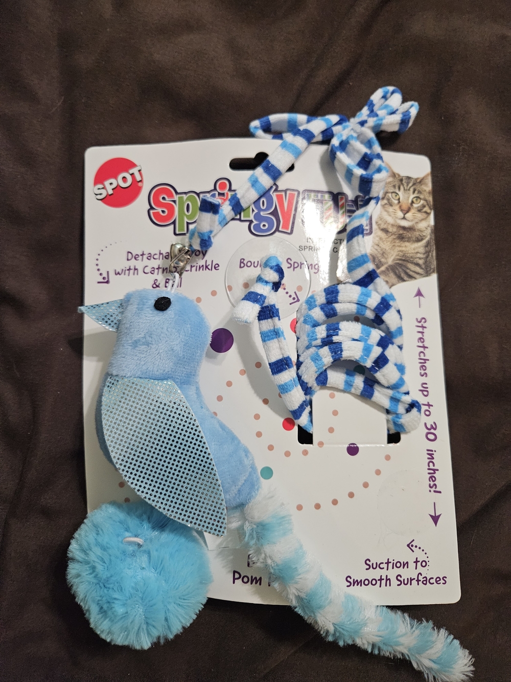 Blue Springy Bird Cat Toy with Pom and Stretch Cord